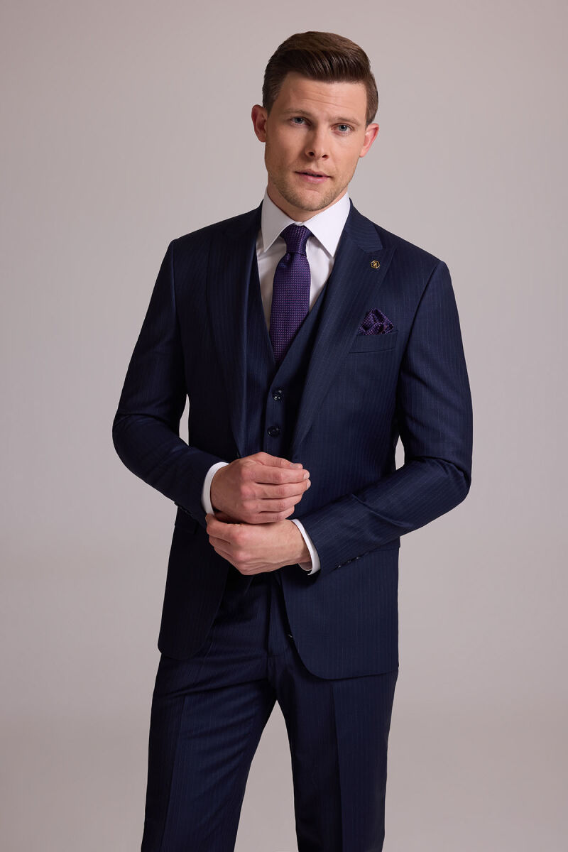 Erkek Lacivert Çizgili Slim Fit Yelekli Kırlangıç Yaka Takım Elbise - 6