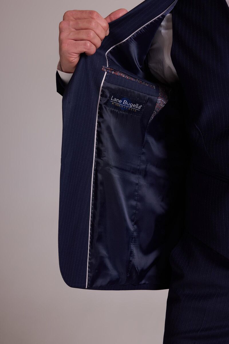 Erkek Lacivert Çizgili Slim Fit Yelekli Kırlangıç Yaka Takım Elbise - 8