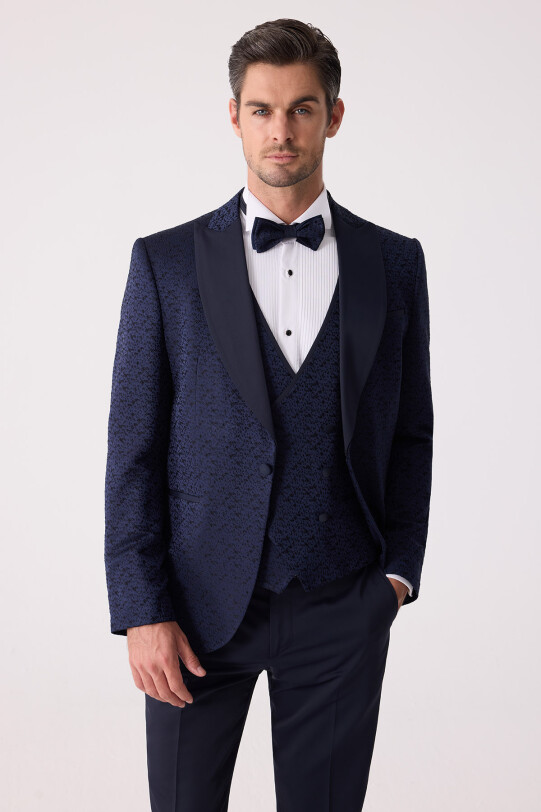 Erkek Lacivert Damatlık Slim Fit Kırlangıç Yaka Desenli