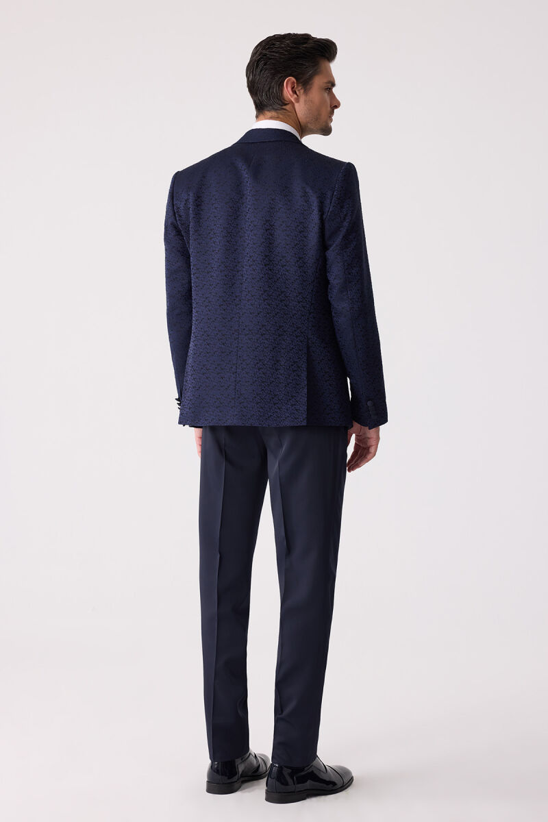 Erkek Lacivert Damatlık Slim Fit Kırlangıç Yaka Desenli - 12