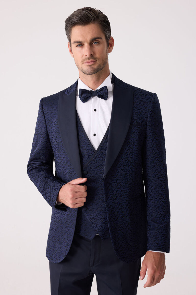 Erkek Lacivert Damatlık Slim Fit Kırlangıç Yaka Desenli - 2