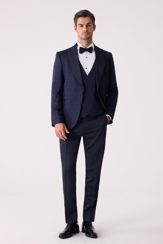 Erkek Lacivert Damatlık Slim Fit Kırlangıç Yaka Desenli