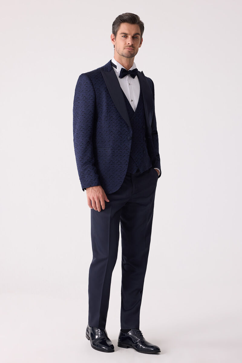 Erkek Lacivert Damatlık Slim Fit Kırlangıç Yaka Desenli - 4