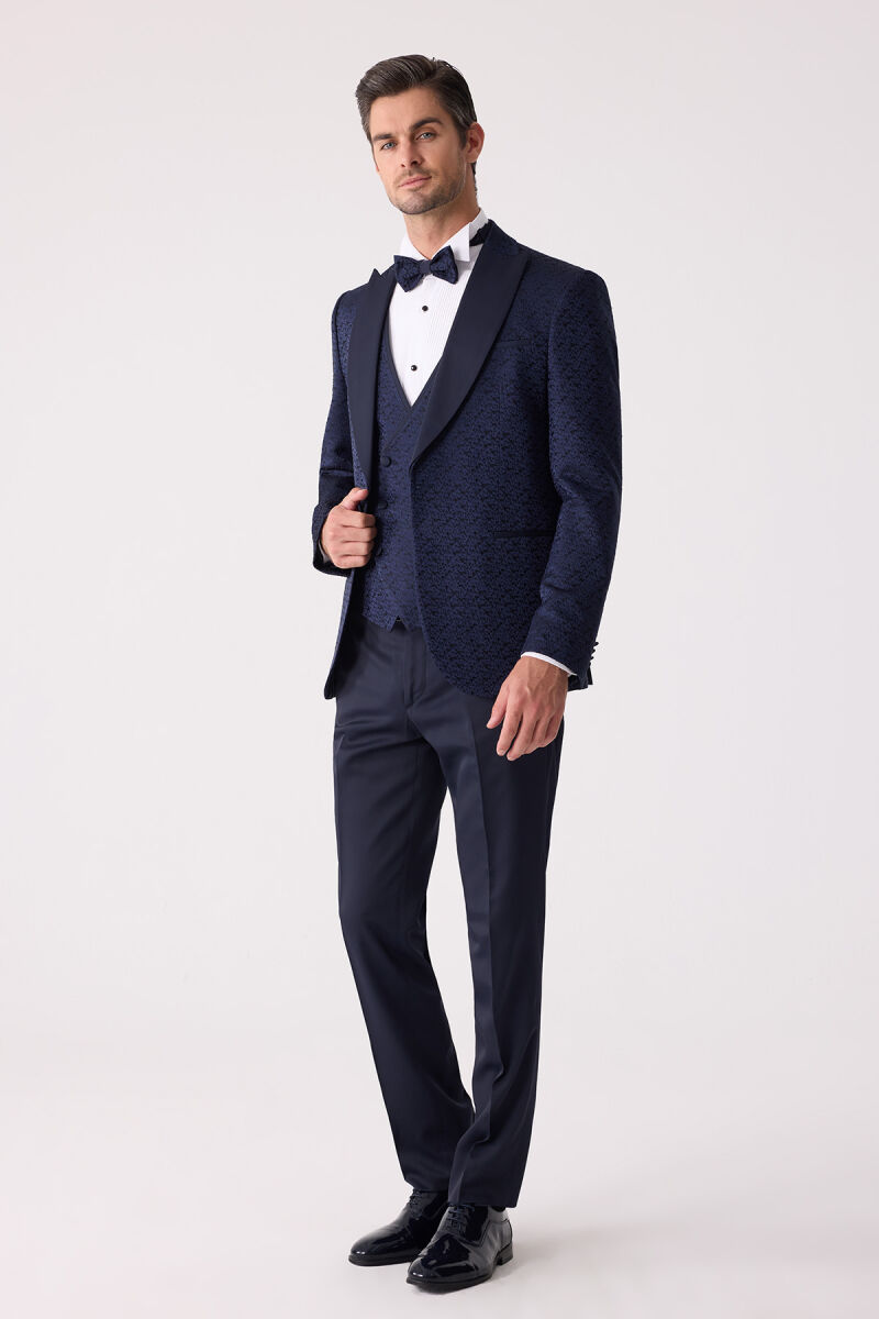 Erkek Lacivert Damatlık Slim Fit Kırlangıç Yaka Desenli - 5