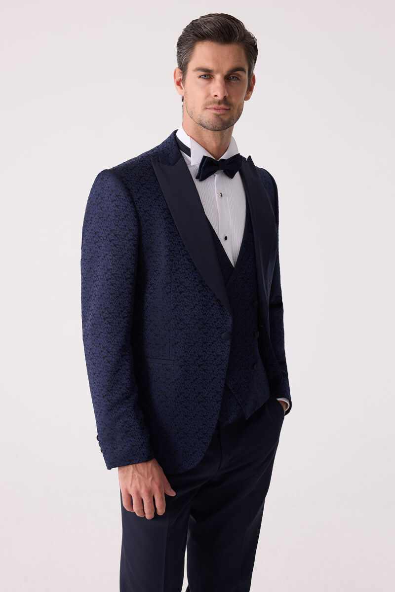 Erkek Lacivert Damatlık Slim Fit Kırlangıç Yaka Desenli - 6