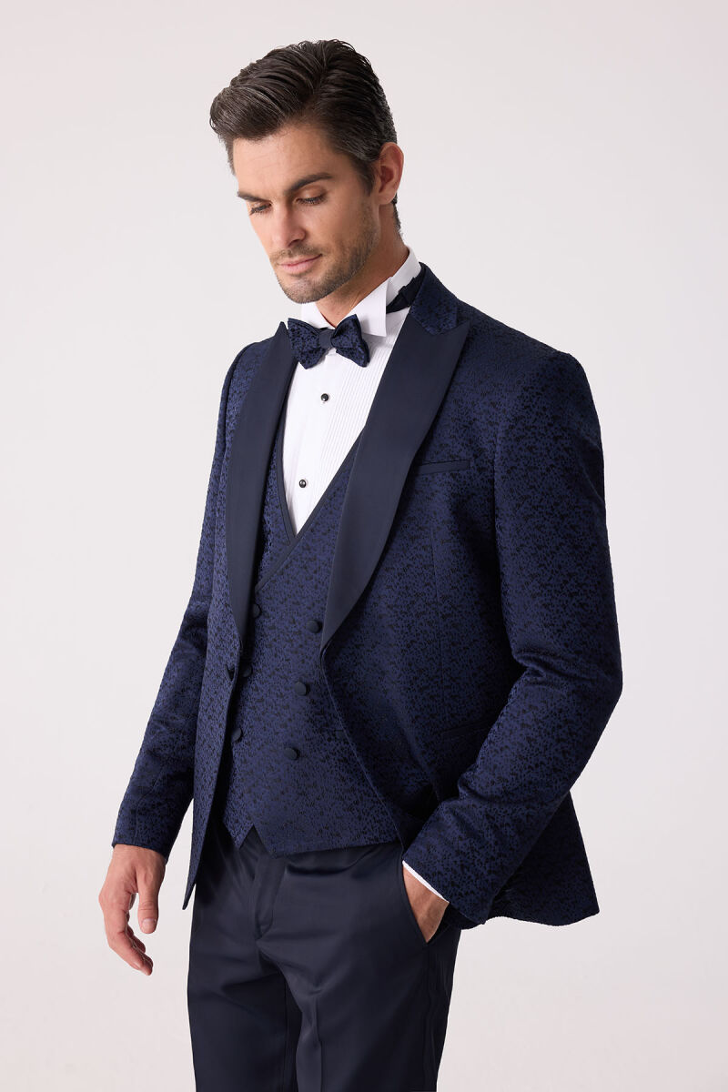 Erkek Lacivert Damatlık Slim Fit Kırlangıç Yaka Desenli - 7