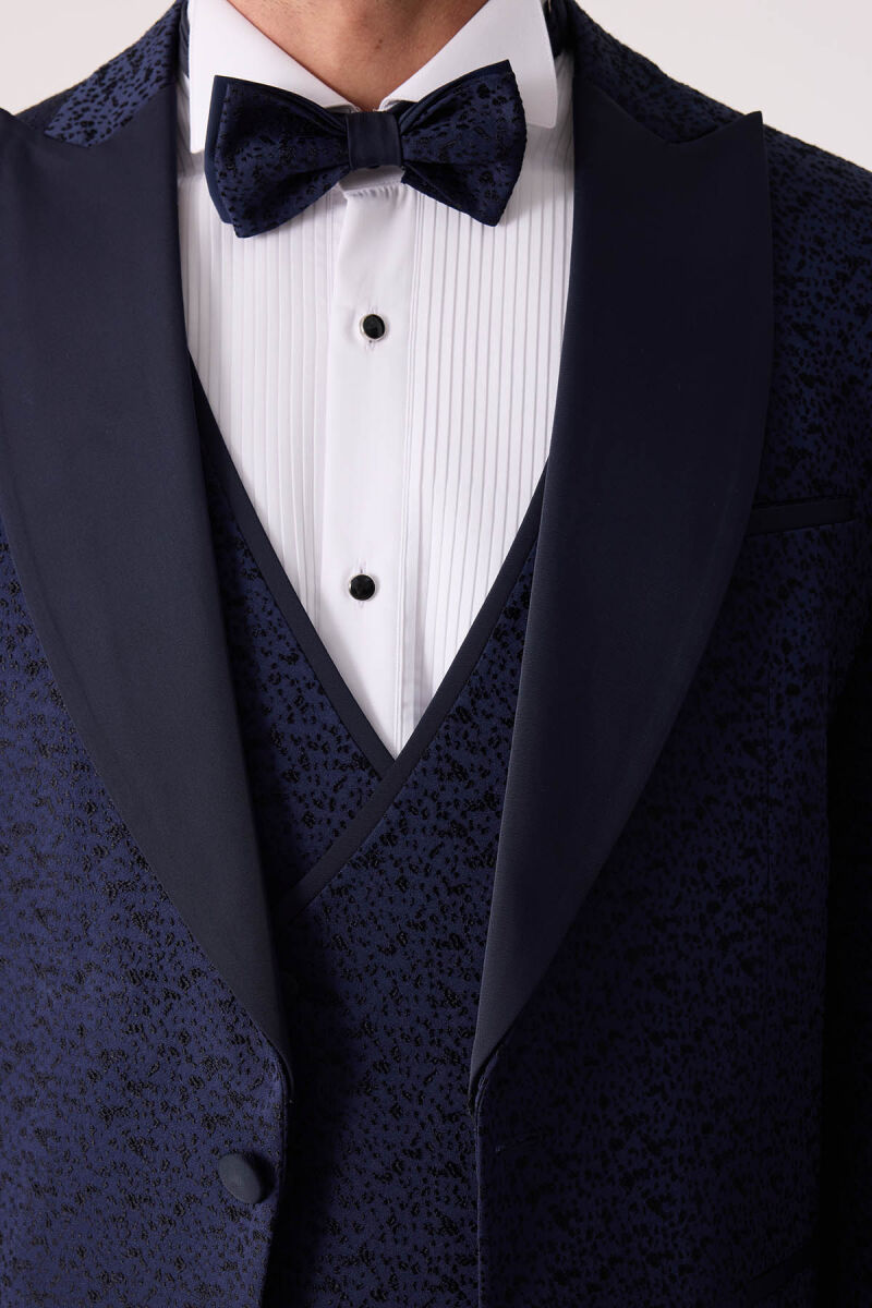 Erkek Lacivert Damatlık Slim Fit Kırlangıç Yaka Desenli - 8