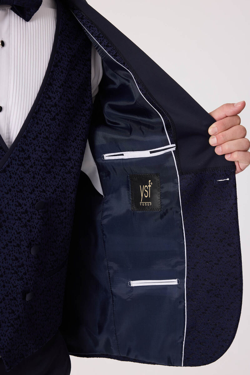 Erkek Lacivert Damatlık Slim Fit Kırlangıç Yaka Desenli - 9