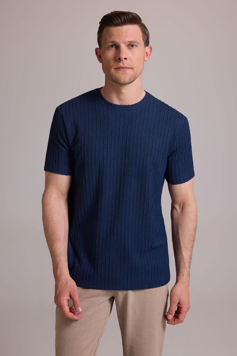 Erkek Lacivert Desenli Bisiklet Yaka T-shirt - 1