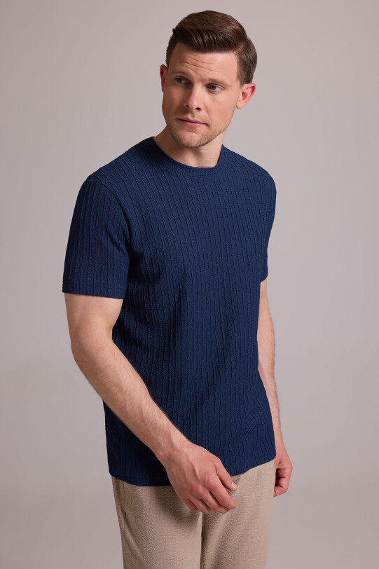 Erkek Lacivert Desenli Bisiklet Yaka T-shirt