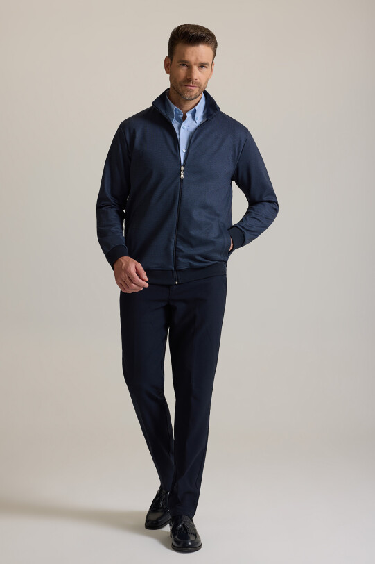 Erkek Lacivert Desenli Fermuarlı Sweatshirt