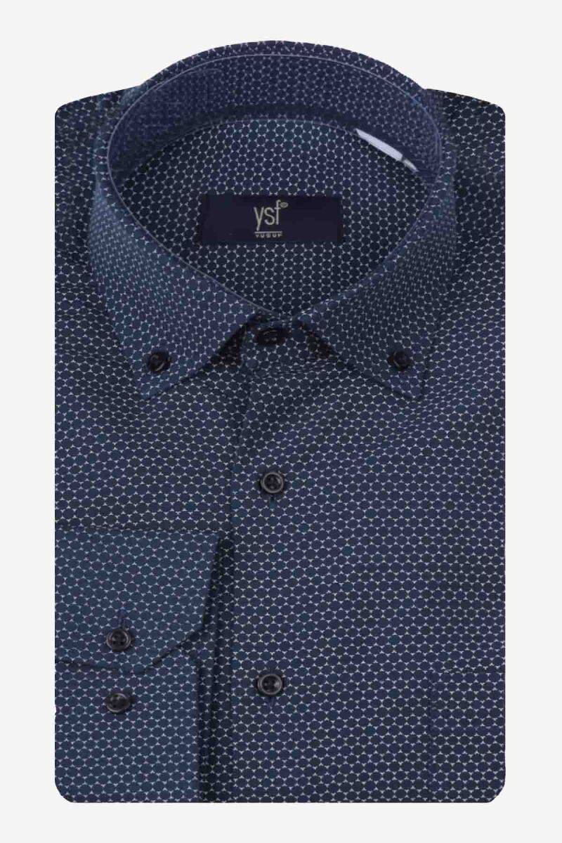 Erkek Lacivert Desenli Klasik Gömlek - 3