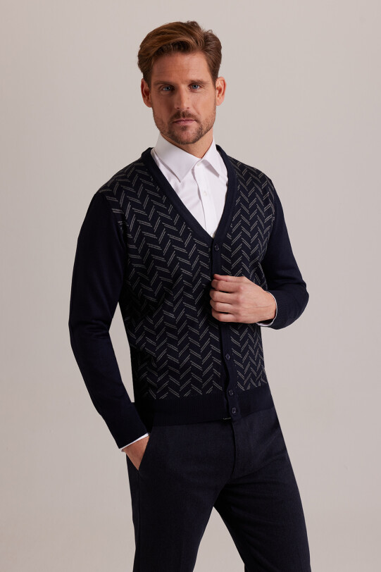 Erkek Lacivert Desenli Triko Hırka