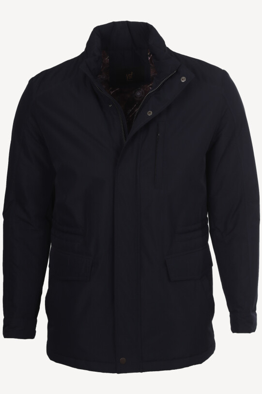 Erkek Lacivert Dik Yaka Kapüşonlu Klasik Kaban - YSF