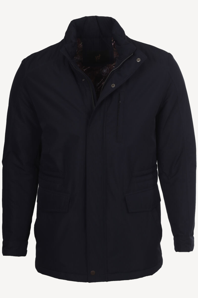 Erkek Lacivert Dik Yaka Kapüşonlu Klasik Kaban - 1