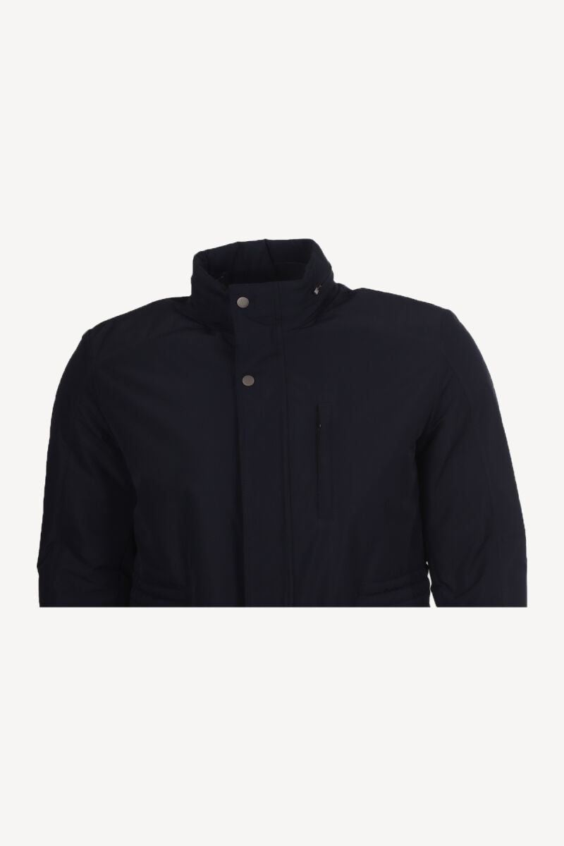 Erkek Lacivert Dik Yaka Kapüşonlu Klasik Kaban - 2