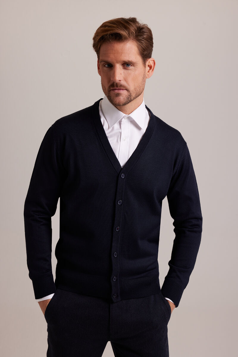 Erkek Lacivert Düğmeli Triko Hırka - 1