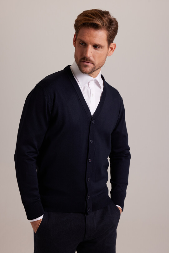 Erkek Lacivert Düğmeli Triko Hırka