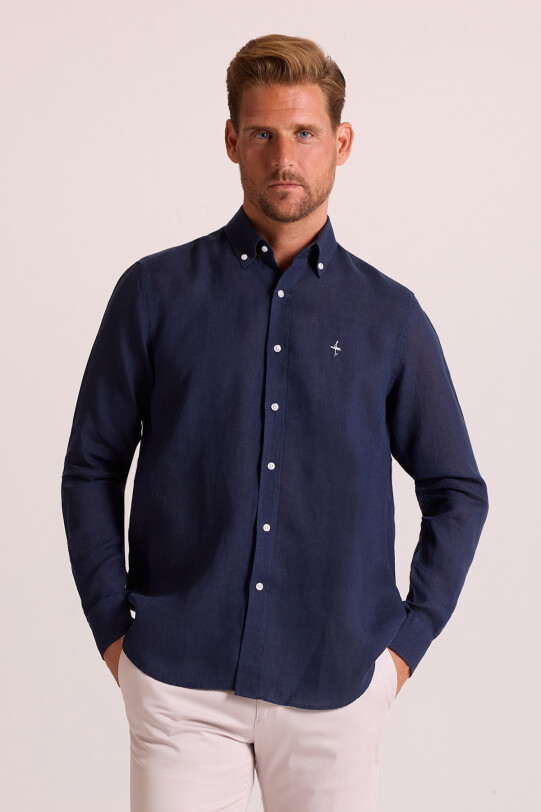 Erkek Lacivert Düz Regular Fit Keten Gömlek