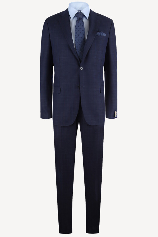 Erkek Lacivert Ekose Regular Fit Takım Elbise
