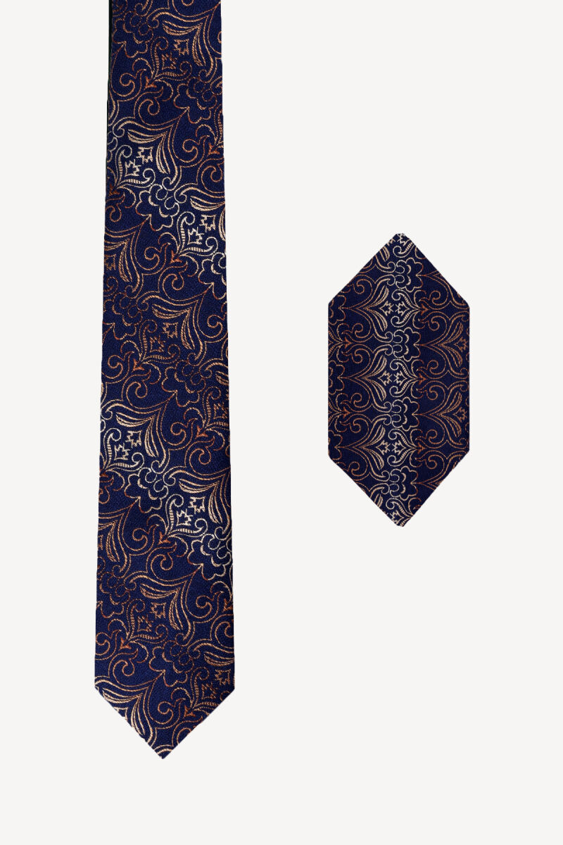 Erkek Lacivert Gold Desenli Kravat Mendil Set - 1