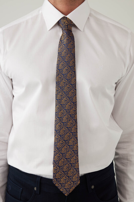 Erkek Lacivert Gold Desenli Kravat Mendilli Set - YSF