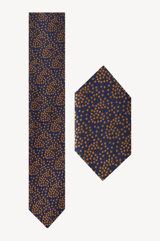 Erkek Lacivert Gold Desenli Kravat Mendilli Set - YSF (1)