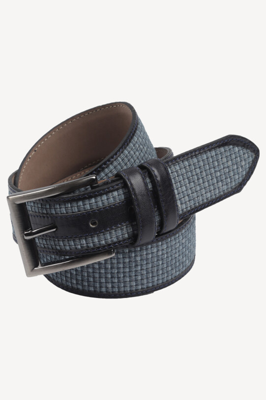 Erkek Lacivert Gri Hasırlı Desen Spor Deri Kemer