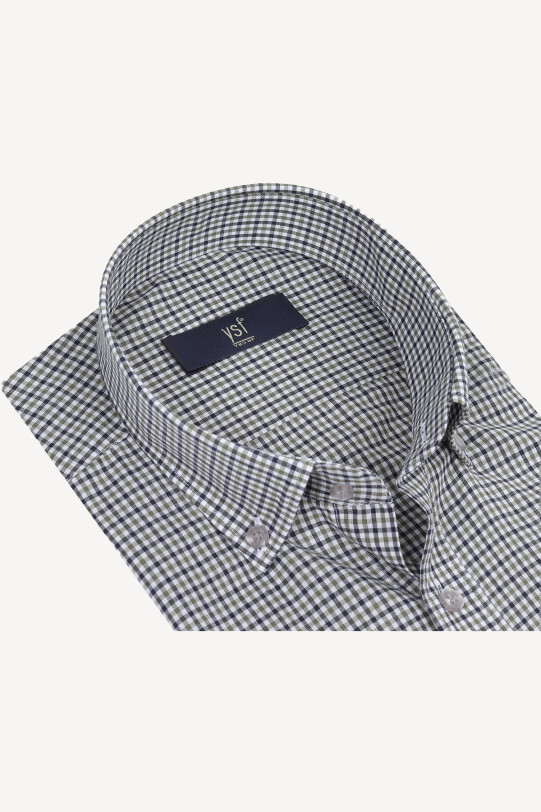 Erkek Lacivert Gri Kareli Klasik Keten Gömlek