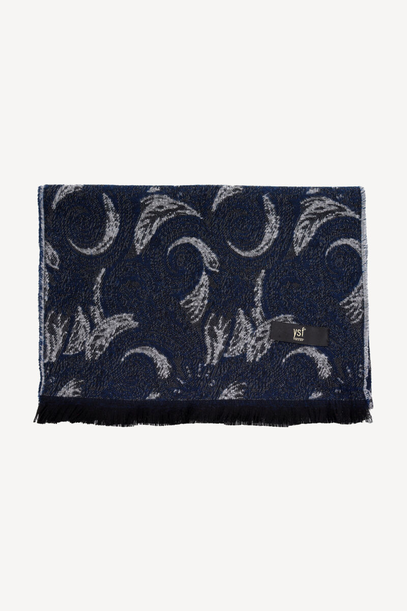 Erkek Lacivert Gri Kuş Tüyü Desenli Kaşkol - 1