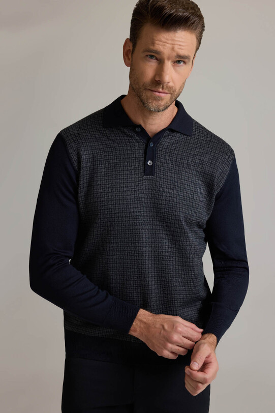 Erkek Lacivert Gri Polo Yaka Desenli Triko