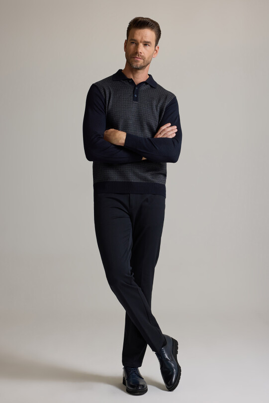 Erkek Lacivert Gri Polo Yaka Desenli Triko