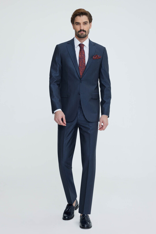 Erkek Lacivert Gri Regular Fit Çizgili Takım Elbise