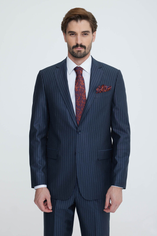 Erkek Lacivert Gri Regular Fit Çizgili Takım Elbise