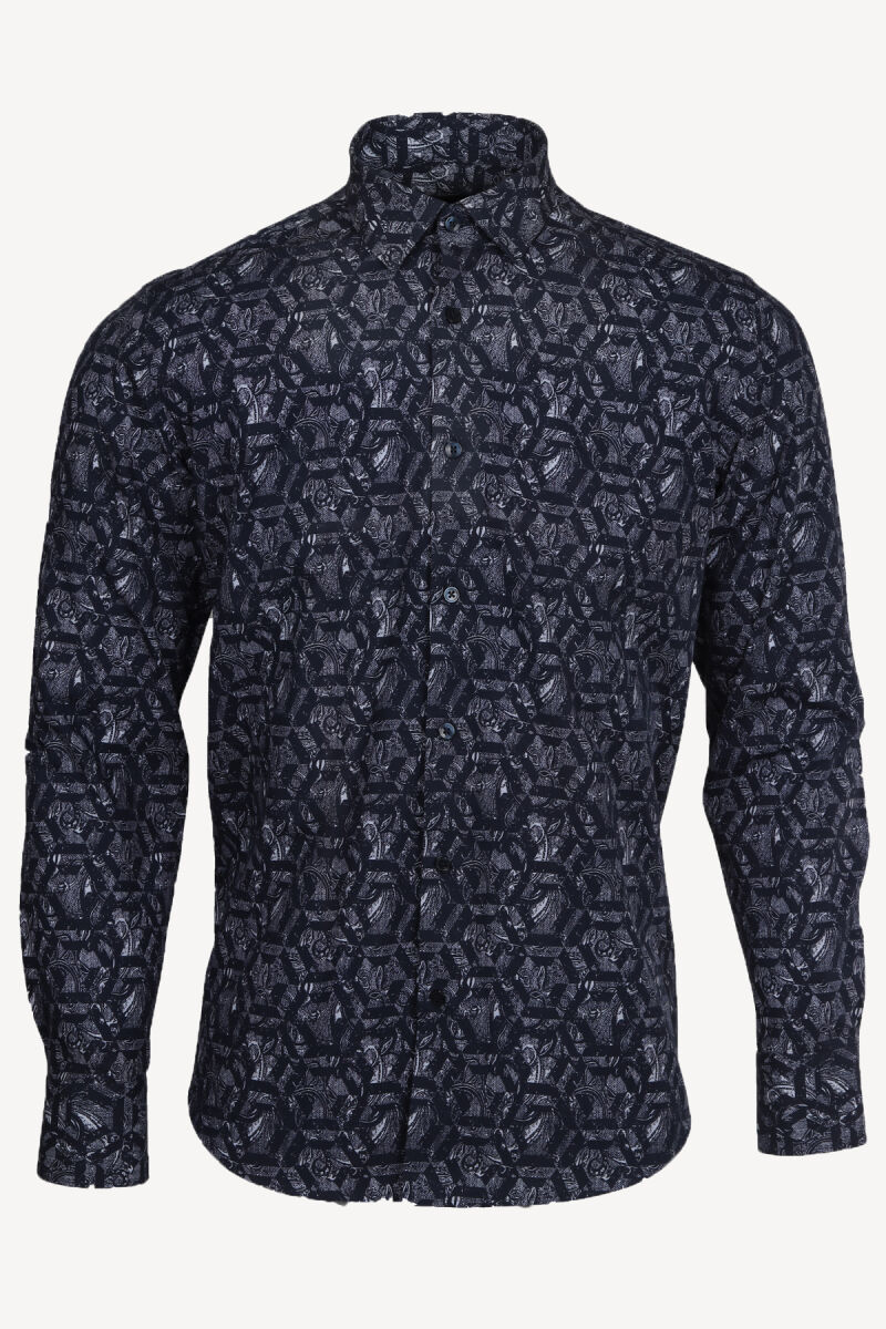 Erkek Lacivert Gri Slim Fit Desenli Uzun Kollu Gömlek - 1