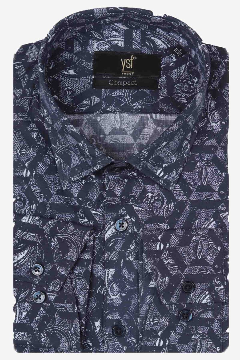 Erkek Lacivert Gri Slim Fit Desenli Uzun Kollu Gömlek - 3