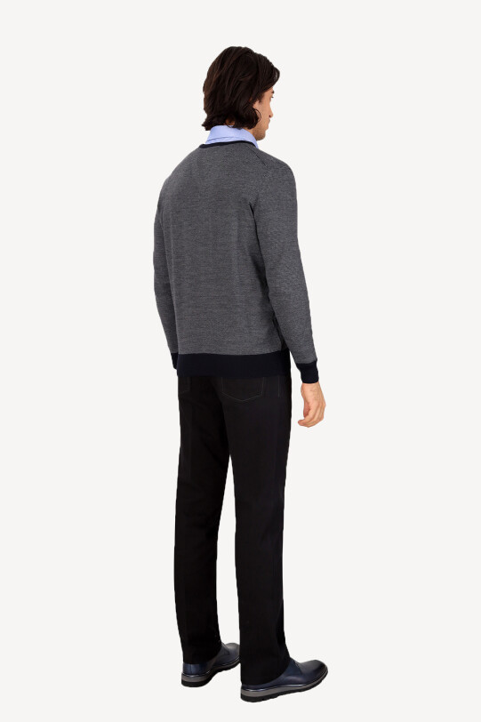 Erkek Lacivert Gri V Yaka Klasik Desenli Triko