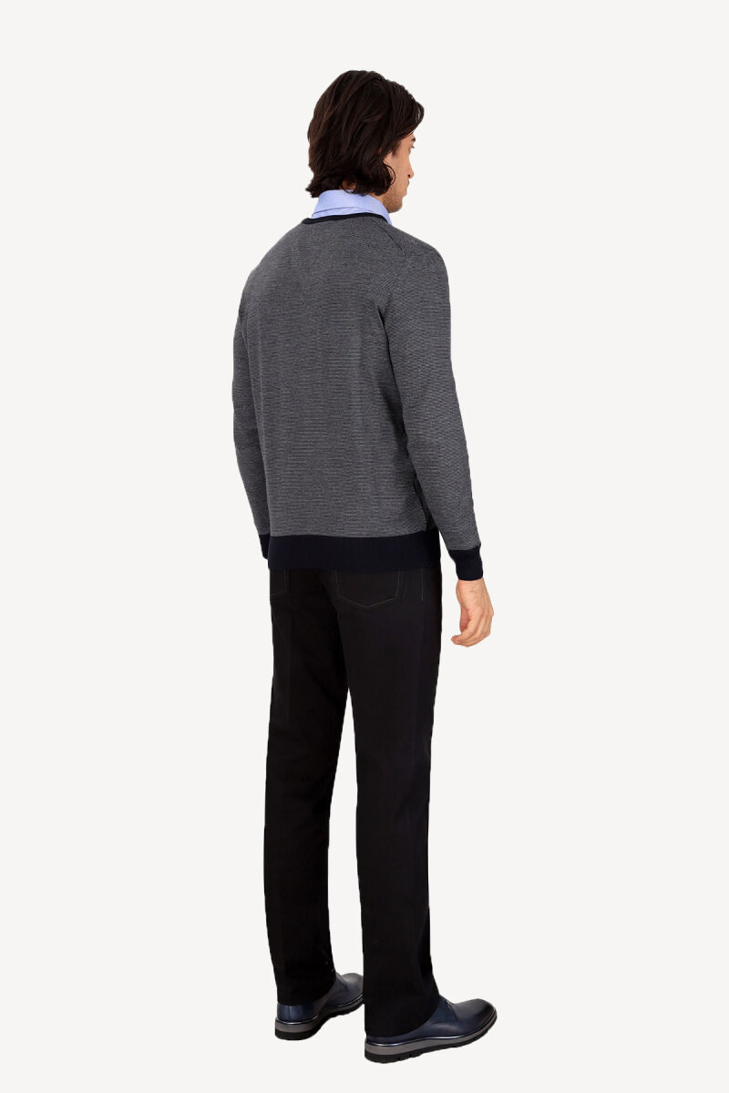 Erkek Lacivert Gri V Yaka Klasik Desenli Triko - 3