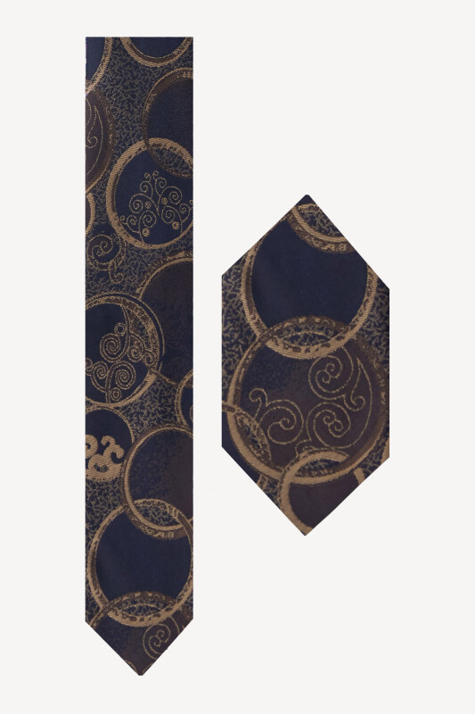 Erkek Lacivert Kahve Desenli Kravat Mendillii Set - YSF