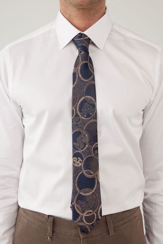 Erkek Lacivert Kahve Desenli Kravat Mendillii Set - YSF (1)