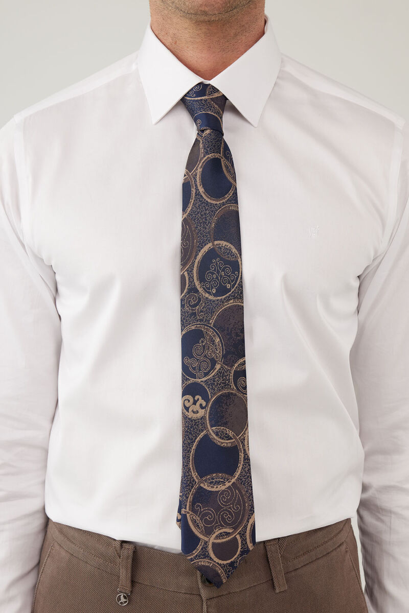 Erkek Lacivert Kahve Desenli Kravat Mendillii Set - 2