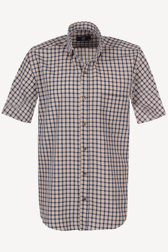 Erkek Lacivert Kahve Kareli Klasik Keten Gömlek