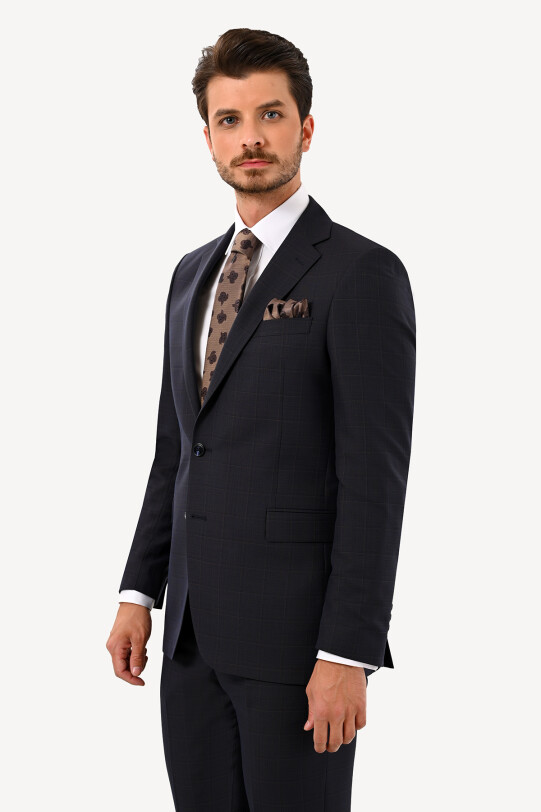 Erkek Lacivert Kahve Kareli Klasik Takım Elbise