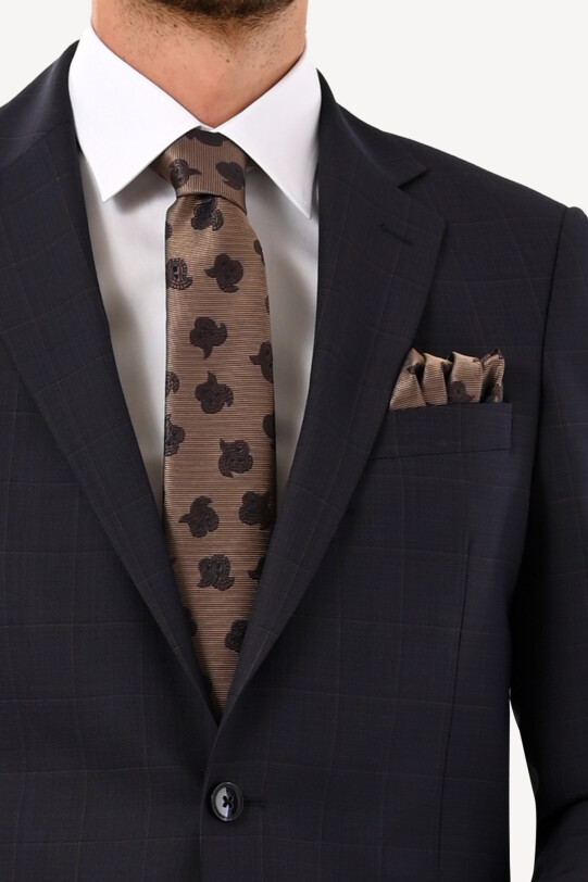 Erkek Lacivert Kahve Kareli Klasik Takım Elbise