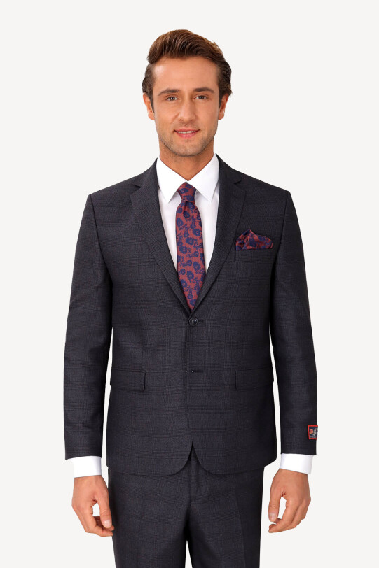 Erkek Lacivert Kahve Klasik Ekose Takım Elbise