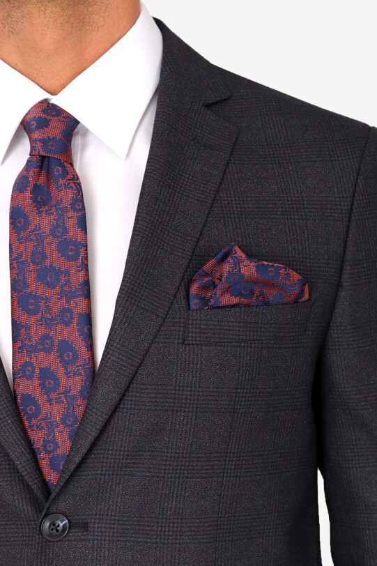 Erkek Lacivert Kahve Klasik Ekose Takım Elbise