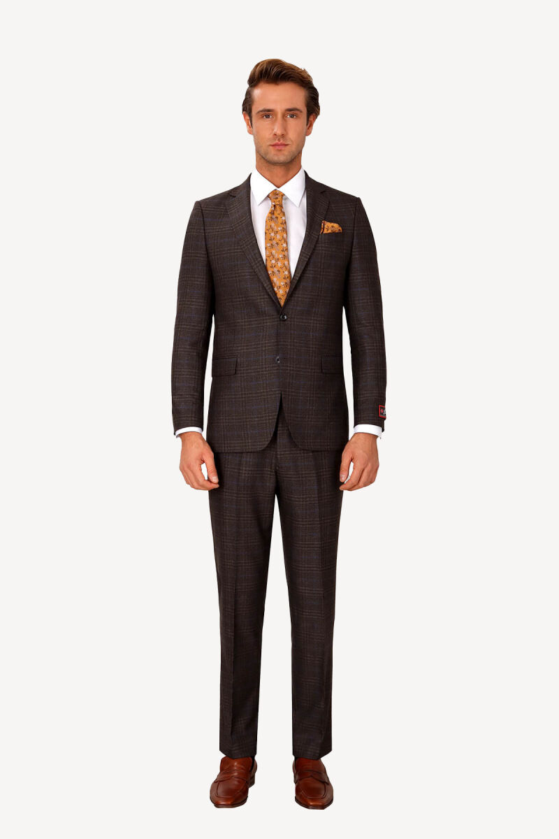 Erkek Lacivert Kahve Klasik Kareli Takım Elbise - 1