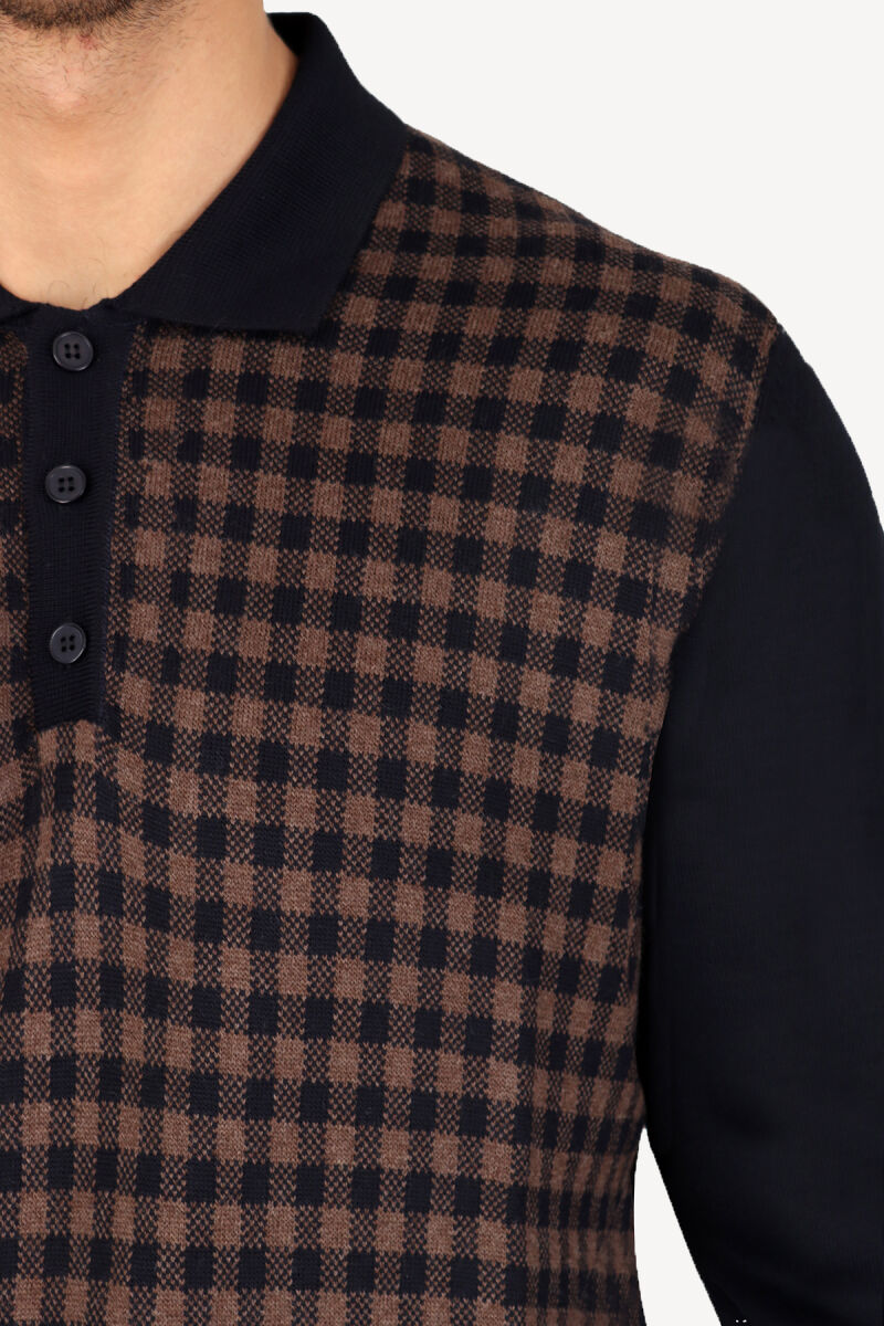 Erkek Lacivert Kahve Polo Yaka Kareli Triko - 4