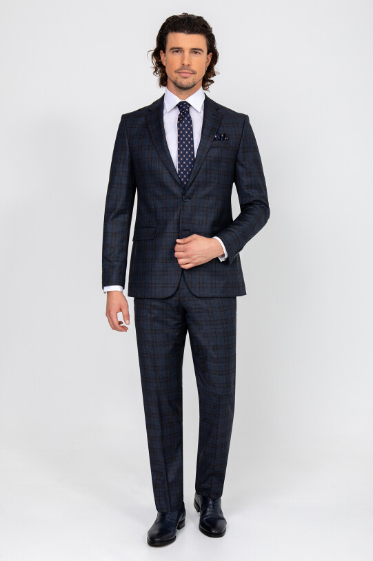 Erkek Lacivert Kahve Regular Fit Kareli Takım Elbise