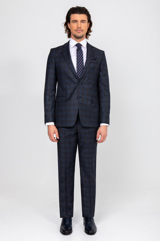 Erkek Lacivert Kahve Regular Fit Kareli Takım Elbise
